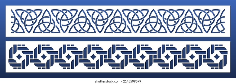 Laser cut borders, bookmarks or decorative interior panels. Abstract geometric pattern, irish celtic ornament. Cnc cutting stencil. Paper art, wood carving, metal decor. Vector illustration