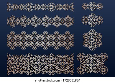 Laser cut borders template with islamic alhambra pattern. May be used for paper, metal, wood cutting. Elements of arabic ornament. Traditional islamic decor.