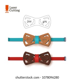 Laser cut bow-tie template with hearts. Vector silhouette for cutting a bow tie on a lathe made of wood, metal, plastic. The idea of design of a stylish romantic accessory
