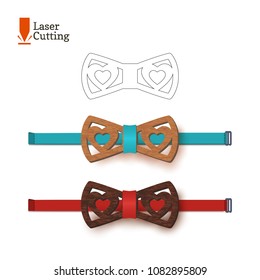 Laser cut bow-tie template with hearts. Vector silhouette for cutting a bow tie on a lathe made of wood, metal, plastic. The idea of design of a stylish romantic accessory