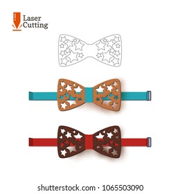 Laser cut bow-tie template. Vector silhouette for cutting a bow tie with stars on a lathe made of wood, metal, plastic. The idea of design of a stylish accessory.