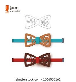 Laser cut bow-tie template. Vector silhouette for cutting a bow tie with cardiogram and heart on a lathe made of wood, metal, plastic. The idea of design of a stylish accessory for doctor.