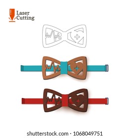 Laser cut bow-tie template. Vector silhouette for cutting a bow tie with cardiogram and heart on a lathe made of wood, metal, plastic. The idea of design of a stylish accessory for doctor.