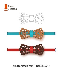 Laser cut bow-tie template whith gear and wrench. Vector silhouette for cutting a bow tie on a lathe made of wood, metal, plastic. The idea of design of a stylish accessory