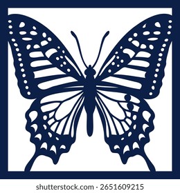 Laser cut butterfly template with detailed symmetrical wing pattern in elegant square frame

