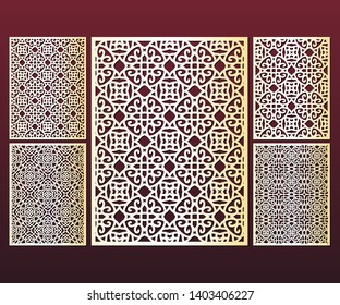 Laser cut cabinet fretwork perforated panel in arabic style, rate 3;4. Ornamental panels template set for cutting exterior. Silhouette geometric pattern. Metal, paper or wood carving. Outdoor screen.