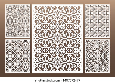 Laser cut cabinet fretwork perforated panel in arabic style. Ornamental panels template set for cutting exterior, rate 3:4. Metal, paper or wood carving. Outdoor screen.