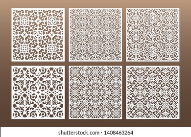 Laser cut cabinet fretwork perforated panel in arabic style. Ornamental square panels template set for cutting exterior. Silhouette geometric pattern. Metal, paper or wood carving. Outdoor screen.