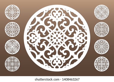 Laser cut cabinet fretwork perforated panel in arabic style. Ornamental round panels template set for cutting exterior. Openwork holders templates. Metal, paper or wood carving. Outdoor screen.