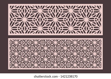 Laser cut cabinet fretwork perforated panel templates with pattern in japanese kumiko style. Geometric hexagon ornamental panels, rate 1:3. Metal, paper or wood carving. Outdoor screen.