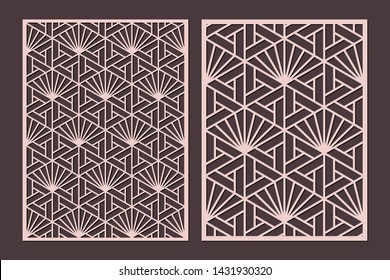 Laser cut cabinet fretwork perforated panel templates with pattern in japanese kumiko style. Geometric hexagon ornamental panels, rate 3:4. Metal, paper or wood carving. Outdoor screen.