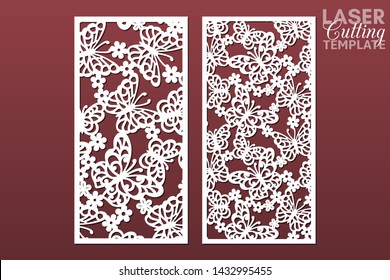 Laser cut cabinet fretwork perforated panel with pattern of butterflies and flowers. Set of templates for cutting exterior. Rate 1:2. Metal, paper or wood carving. Outdoor screen.