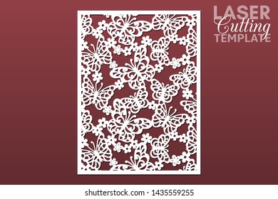 Laser cut cabinet fretwork perforated panel with pattern of butterflies and flowers. Template for cutting exterior, vector. Rate 3:4. Metal, paper or wood carving. Outdoor screen.