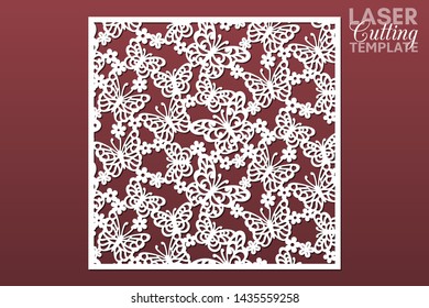 Laser cut cabinet fretwork perforated square panel with pattern of butterflies and flowers. Template for cutting exterior, vector. Metal, paper or wood carving. Outdoor screen.