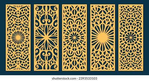 Laser cut cabinet fretwork perforated panel in arabic style. Ornamental panels template set for cutting exterior, rate 1;2. Metal, paper or wood carving. Outdoor screen