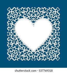 Laser cut card with heart and swirls. Laser cutting template for diy, greeting cards, envelopes, wedding invitations, decorative elements. Layout panel with carved openwork pattern.