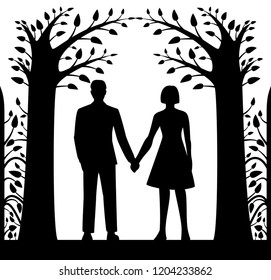 Laser cut card with man and woman holding hands, in ornament of trees and leaves