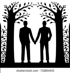 Laser cut card with two men holding hands, in ornament of trees and leaves