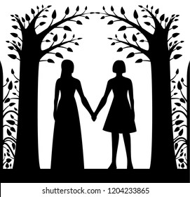 Laser cut card with two women holding hands, in ornament of trees and leaves