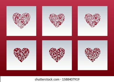 Laser cut cards set with hearts of lace pattern. Panel templates for interior design, layouts wedding cards, invitations, Valentine's Day cards. Vector Valentine background.