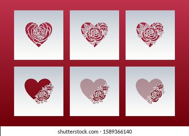 Laser cut cards set with hearts patterned of roses. Templates for interior design, layouts wedding cards, invitations, Valentine's Day cards. Vector Valentine background.