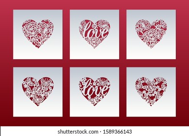 Laser cut cards set with hearts patterned of butterflies. Panel templates for interior design, layouts wedding cards, invitations, Valentine's Day cards. Vector Valentine background.