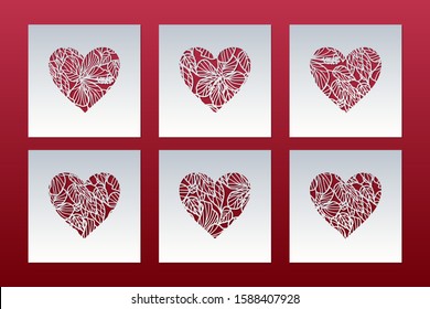 Laser cut cards set with patterned hearts with tropical ornament. Panel templates for interior design, layouts wedding cards, invitations, Valentine's Day cards. Vector Valentine background.