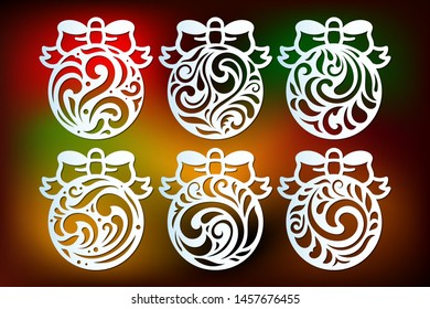 Laser cut Christmas ball templates set with openwork pattern. Cutout decor with swirls in retro style. Xmas cutting decoration, vector.