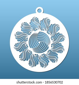 Pelotas de Navidad cortadas por láser esténcil de corte CNC con un patrón geométrico abstracto. Arte de papel, decoración navideña en casa, calado. Pendiente decorativo o de montaña, ilustración vectorial