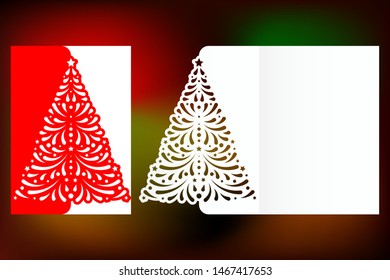 Laser cut Christmas card template with christmas tree cutout from paper. Invitation for Christmas party or Greeting card. Image suitable for laser cutting, plotter cutting or printing.