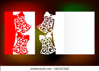 Laser cut Christmas card template with christmas bells patterned. Invitation for Christmas party. Image suitable for laser cutting, plotter cutting or printing.