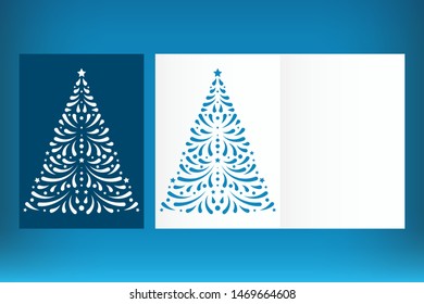 Laser cut Christmas card template with christmas tree cutout from paper. Invitation for Christmas party or Greeting card. Image suitable for laser cutting, plotter cutting or printing.