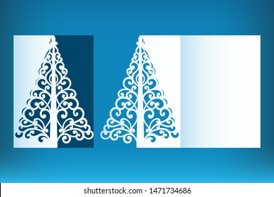 Laser cut Christmas card template with christmas tree cutout from paper. Invitation for Christmas party or Greeting card. Image suitable for laser cutting, plotter cutting or printing.