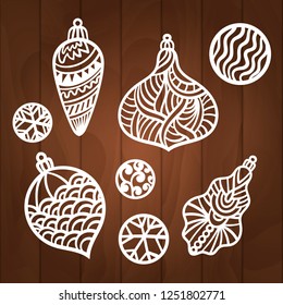 Laser cut christmas decoration vector design. Merry Christmas decoration for xmas tree. X-mas symbol for paper cutting, wood carving and christmas decorations. Christmas tree balls.