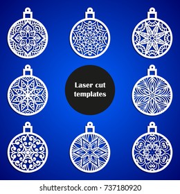 Laser cut christmas decoration vector design. Merry Christmas decoration for xmas tree. X-mas symbol for paper cutting, wood carving and christmas decorations. Christmas tree balls.