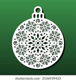 Ornamento de Natal com corte a laser, estêncil para corte ou gravação CNC.  Mandala de floco de neve de inverno, pingente, montanha-russa, decoração de Natal. Ilustração vetorial