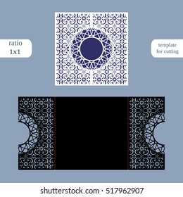 Laser cut christmas square card template. Cut out the paper card with lace pattern.  Greeting card template for cutting plotter. Congratulation to Christmas or New Year.  Metal plate cut by laser. 