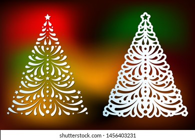 Laser cut Christmas tree templates set with swirls pattern. Element for Xmas decoration. Image suitable for laser cutting, plotter cutting or printing.