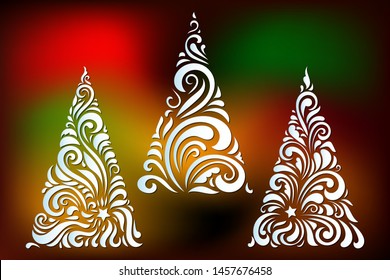 Laser cut Christmas tree templates set with swirls pattern. Element for Xmas decoration. Image suitable for laser cutting, plotter cutting or printing.