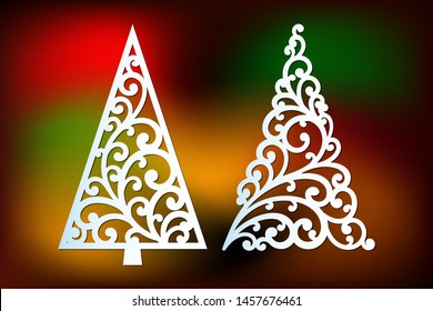 Laser cut Christmas tree templates set with swirls pattern. Element for Xmas decoration. Image suitable for laser cutting, plotter cutting or printing.