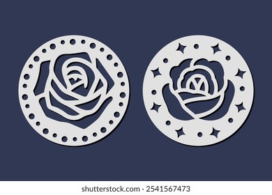 Laser cut circle coaster templates with rose flower ornament. Cnc cutting with metal, wood, glass, engraving. Round decorative panel design