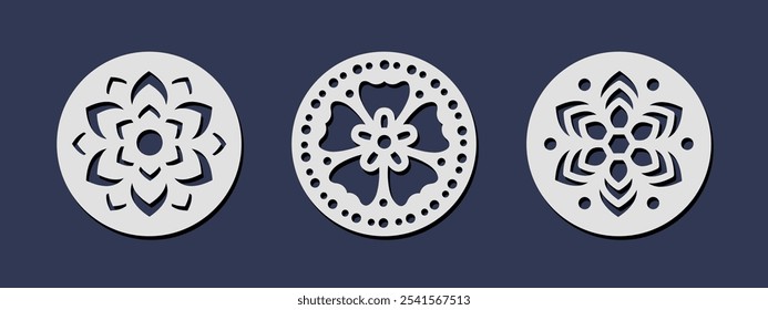 Laser cut circle coaster templates with flowers. Cnc cutting with metal, wood, glass, engraving. Round decorative floral panel design. Vector file