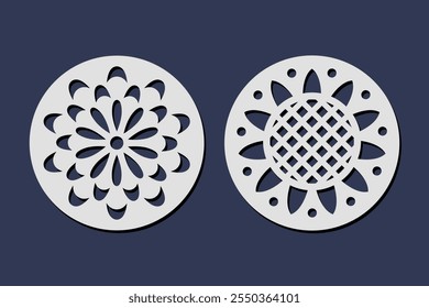 Laser cut circle coaster templates with flowers. Cnc cutting with metal, wood, paper, glass, leather, engraving. Round decorative floral panel design. Vector illustration file