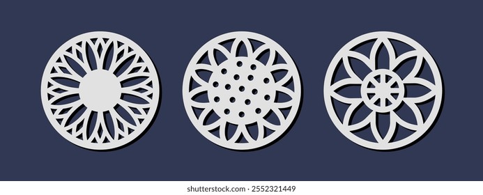 Plantillas de montaña rusa de círculo cortadas con láser con adorno de girasol. Corte CNC con metal, madera, papel, vidrio, cuero, grabado. Diseño del panel decorativo redondo, sistema del Vector
