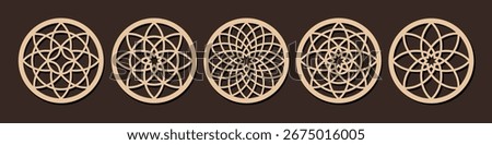 Laser cut circle shape coaster templates with abstract ornament. Cnc cutting with metal, wood, paper, glass, leather, engraving. Round decorative panel design