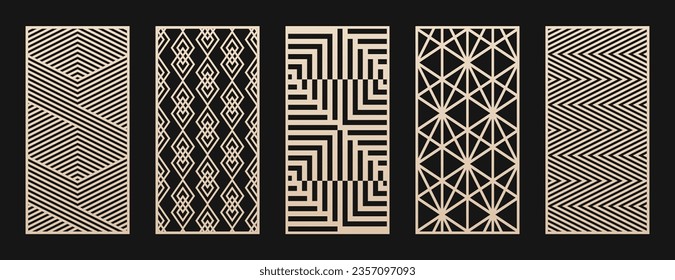 Laser cut, CNC cutting patterns collection. Vector set with abstract geometric ornament, lines, diamonds, grid, lattice. Decorative stencil for wood panel, metal, plastic, paper. Aspect ratio 1:2 