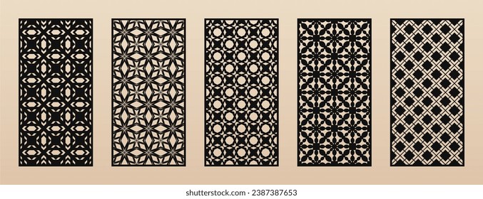 Laser cut, CNC cutting patterns. Vector set with abstract geometric ornament, lines, floral grid, lattice. Arabesque style, ethnic motif. Cutting stencil for wood panel, metal, paper. Aspect ratio 1:2