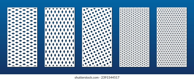 Recorte láser, conjunto de patrones de corte CNC. Resumen de ornamentos geométricos vectoriales con rejilla, red, malla, líneas, entramado. Estilo geométrico moderno. Esténcil de cortar para paneles de madera, metal, papel. Relación de aspecto 1:2