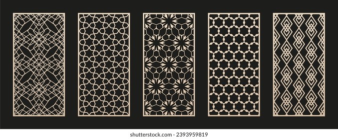 Laser cut, CNC cutting patterns set. Vector set with abstract geometric ornament, lines, floral grid, lattice. Arabesque style. Cutting stencil for wood panel, metal, plastic, paper. Aspect ratio 1:2