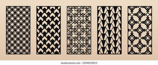 Laser cut, CNC cutting patterns set. Abstract vector geometric ornaments with thin grid, lattice, net. Modern arabesque style. Cutting stencil for wood panel, metal, plastic, paper. Aspect ratio 1:2